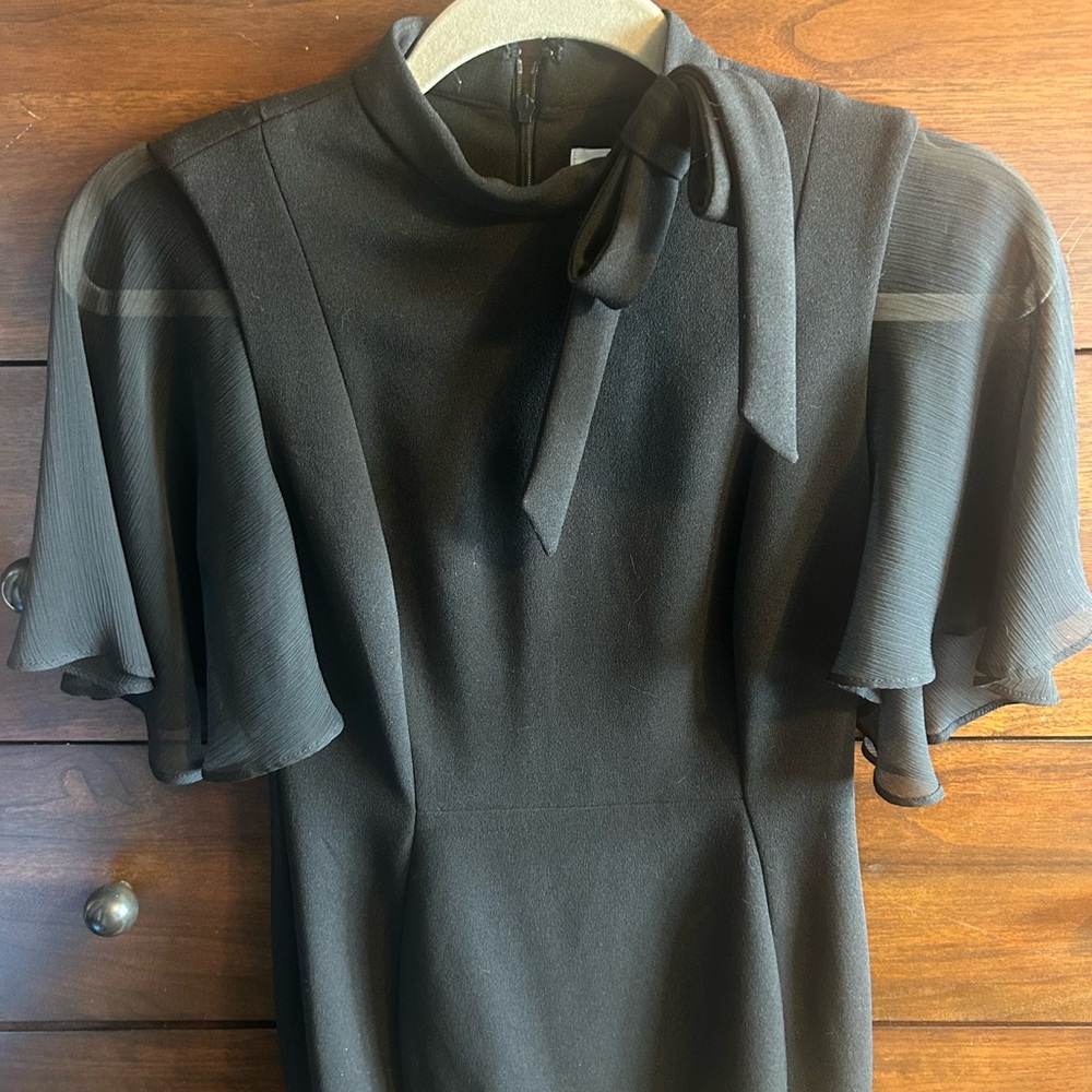 CALVIN KLEIN TIE NECK CHIFFON FLUTTER SLEEVE SHEATH DRESS, BLACK, SIZE 2 - Picture 4 of 12